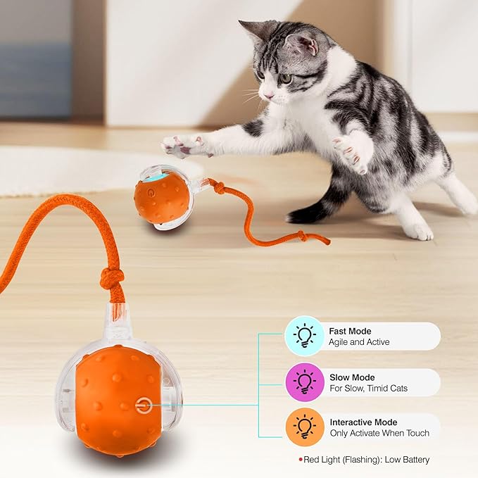 Electric Interactive Cat Toy Ball - Automatic Rolling Silicone Cat Toys for Indoor Cats, Durable Chew-Proof Motorized Kitty Ball with LED Light, Fun Exercise Toys for Bored Kittens(Orange)