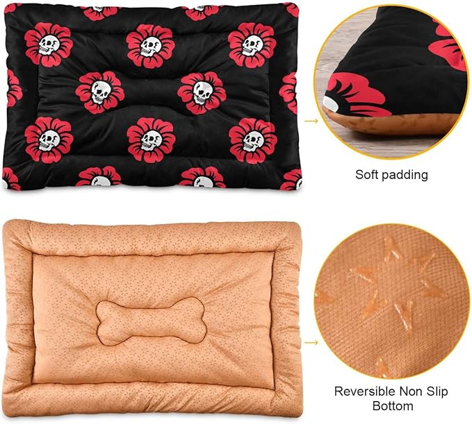 Pet Bed Gothic Skulls Flowers Dog Bed Mat Absorbing Non Slip Pad Pet Sleeping Mat for Small, Medium, and Large Dogs Puppy Cat 36 in x 24 in