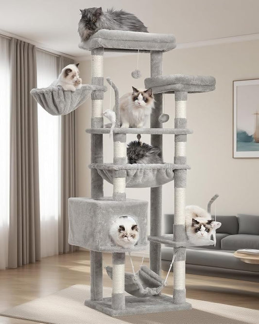 Cat Tree, Cat Tower for Large Cats with 2 Big Platforms, 2 Baskets, condo and Toys, 63" Cat Scratching Posts for Indoor Cats, Light Gray GCT020W