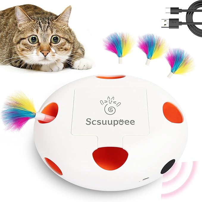 Interactive Cat Toy, Electric Cat Toys for Moving Concealed Feathers, Smart Sensor 7 Holes Whack a Mole Feather Toy, USB Charge Automatic Kitten Toys,White