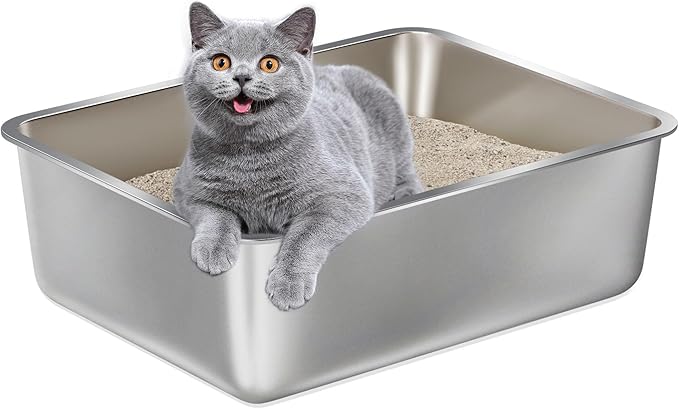 Stainless Steel Litter Box -6in High Side,Metal Litter Box for Cat/Kitty/Rabbits 17" L x 13.8" W x 6" H,Stainless Steel Cat LitterBox-Metal PanToilet,No Smell, Non Stick, Easy Clean.
