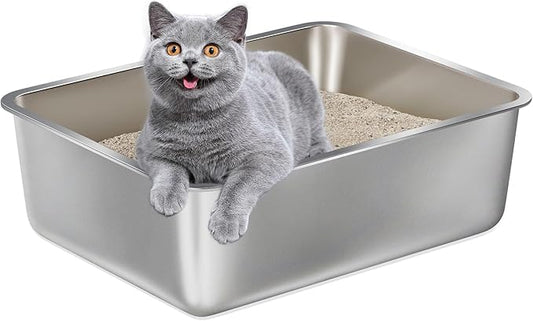 Stainless Steel Litter Box -6in High Side,Metal Litter Box for Cat/Kitty/Rabbits 17" L x 13.8" W x 6" H,Stainless Steel Cat LitterBox-Metal PanToilet,No Smell, Non Stick, Easy Clean.