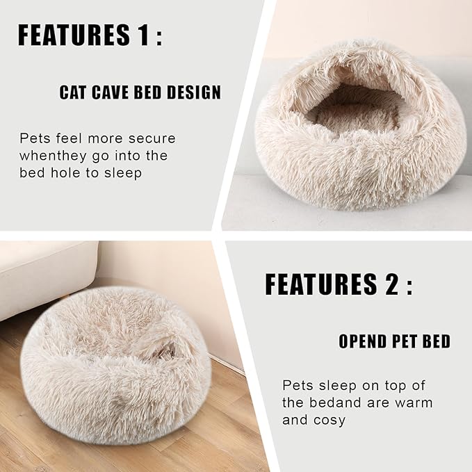 Cat Beds for Indoor Cats,Cat Cave for Puppy and Kitty,Calming Small Dog Bed for Small Dogs with Cover Cave,Cozy Warming Fluffy Washable Anti-Slip Pet Sleeping Bag(20 * 20inch,Beige)