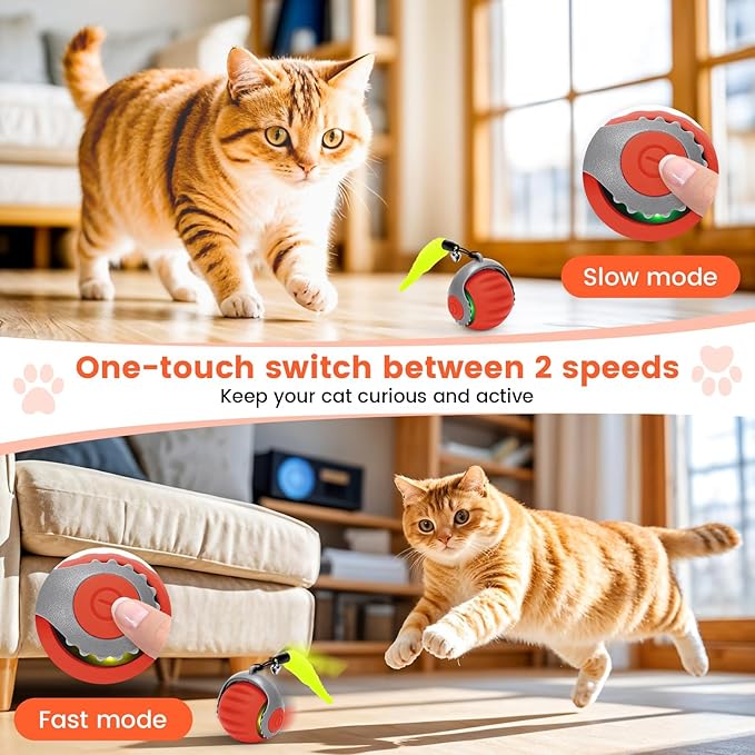 Interactive Cat Ball Speedy Tail 3.0 Pet Toy Rolling Ball, Interactive Toys for Indoor Cats, 360° Smart Automatic Dog Kitten Toy Turbo Tail Electronic Bouncing Balls Extra Tails (Blue&Red)