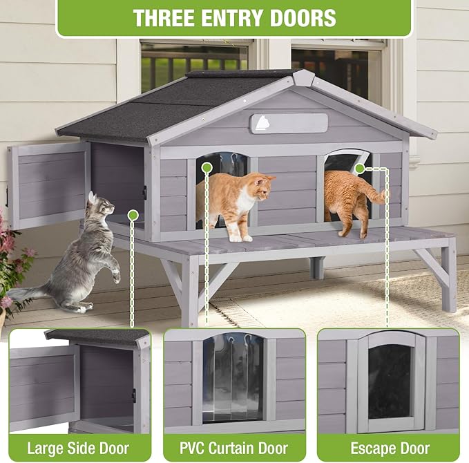 GUTINNEEN Outdoor Cat House, Wooden Feral Cat Shelter with Large Balcony. Weatherproof Cat House for Stray Cats Outside with Escape Doors, Indoor Kitten Condo