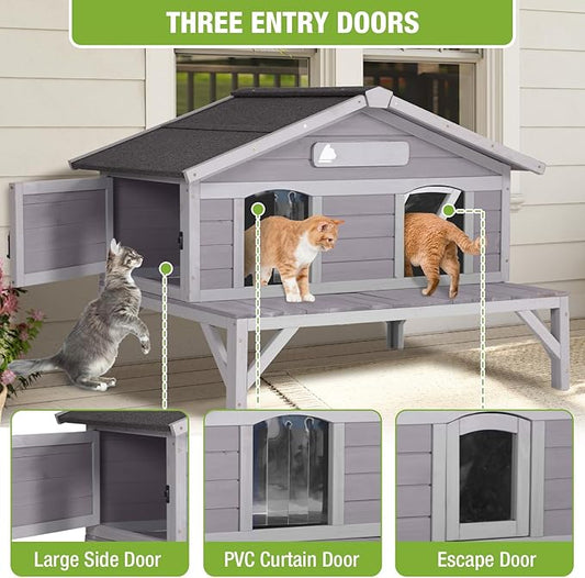 GUTINNEEN Outdoor Cat House, Wooden Feral Cat Shelter with Large Balcony. Weatherproof Cat House for Stray Cats Outside with Escape Doors, Indoor Kitten Condo