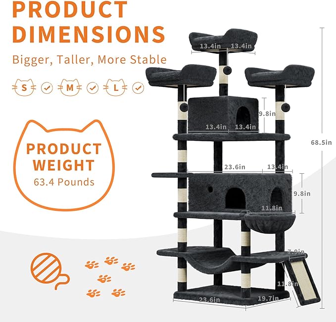 68.5 Inch Multi-Level Cat Tree, Plush Cat Tower with Condo/Sisal Scratching Posts/Hammocks/Basket/Dangling Ball/Platform, Heavy Duty Cats Tree to Play and Sleep, 2604#Dark Grey