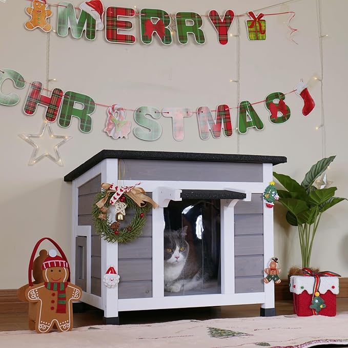 Outdoor Cat House Insulated Feral Cat Shelter Weatherproof Outside Cat Enclosure for Winter Gray