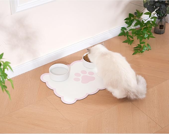 Ralxion Scalloped Dog Feeding Mat, Absorbent Mats for Dog Food and Water Bowl, Dispenser, Cute Elegant Aesthetic Preppy Pastel Pink Scallop Pet Placemat for Dogs, Cats, Puppy Accessories, 14" X 19”