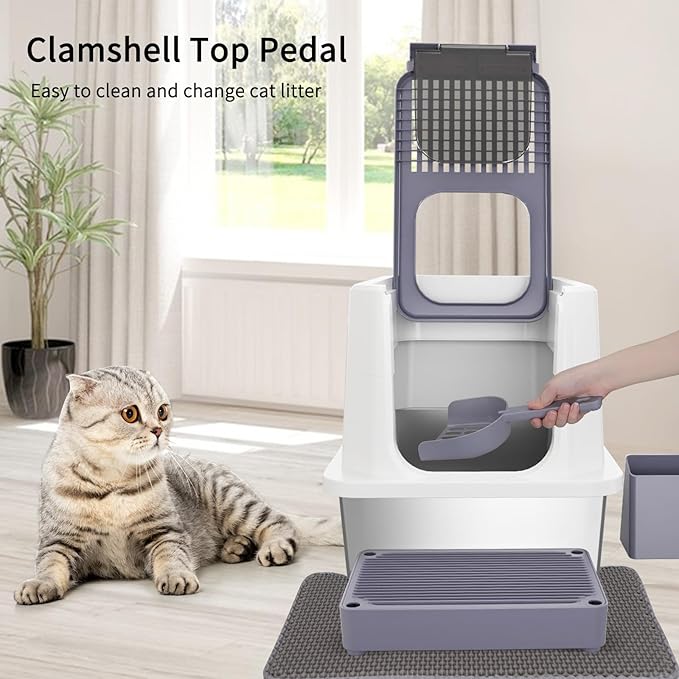 RIZZARI Stainless Steel Cat Litter Box, Odorless Enclosed Litter Box with Top Holes, Large Litter Pan for Small to Large Sized Cats (Light Gray, 23.8" L*15.9" W*16.1" H)