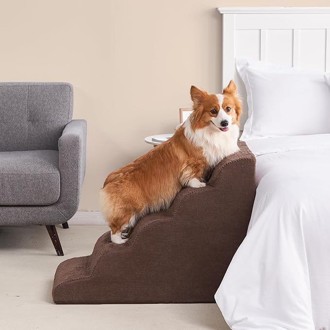 EHEYCIGA Curved Dog Stairs Ramp for High Beds, 5-Step Extra Wide Dog Steps for Small Dogs and Cats, Pet Stairs for High Bed Climbing, Non-Slip Balanced Pet Step Indoor, Brown