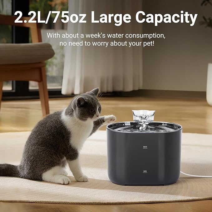 Meill Cat Water Fountain, 75Oz/2.2L Dog Water Bowl Dispenser with Filter Indoor for Small Pets, Automatic Shut-Off for Low Water Level, Water Level Visible, Ultra-Silent, Plug-in, Black