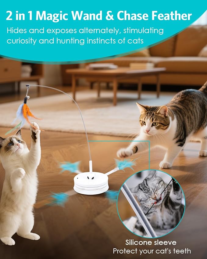 Interactive Cat Toy, Rechargeable Cat Toys for Indoor Cats, Automatic Cats Chasing Toy, Hide & Seek, 2 Modes, Self-Holding Suction Base, 3-in-1 Feather Toys with 1 Teaser Pole, 4 Replacements