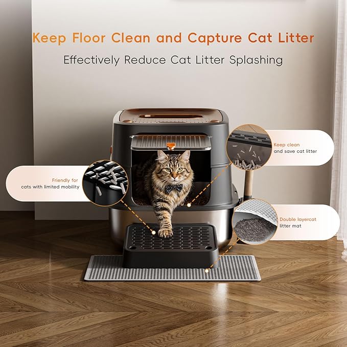 Stainless Steel Litter Box with Lid, Top Entry Cat Litters Box, Extra Large Metal Litterboxs with High Sides, 90° Flip-Top Double Doors & Raised Fence, Includes Pedal, Mat & Scoop Set