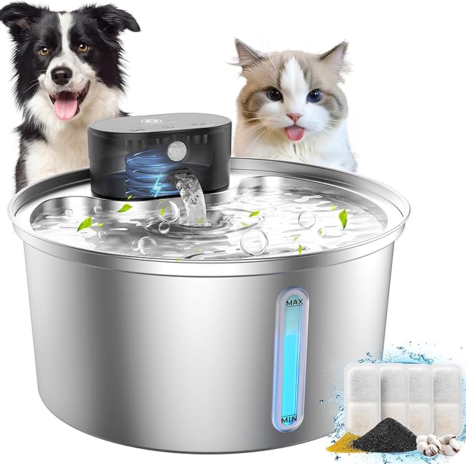 Wireless Cat Water Fountain Stainless Steel, 2025 Upgraded New Sensor - 3 Work Modes, 6000mAh Battery Operated Cat Water Fountain Cordless, Pet Water Dispenser for Cats Dogs Indoor - 108oz/3.2L