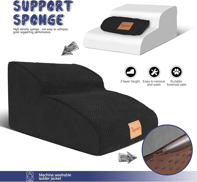 Topmart High Density Extended Foam Dog Ramp&Steps 2 Tiers,11.8" High,Non-Slip Dog Stairs,Soft Foam Pet Ladder with Waterproof Cover,Best for Injured,Older Cats,Pets with Joint Pain