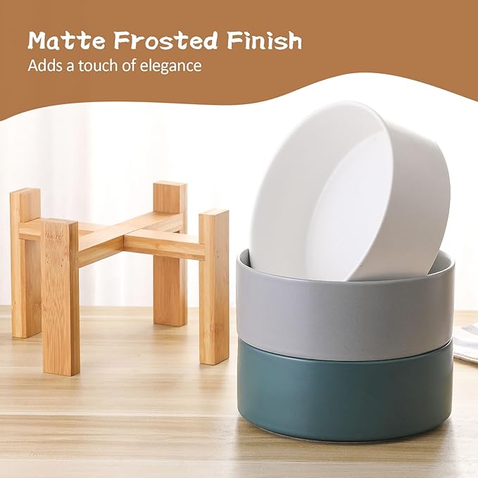 Raised Ceramic Large Dog Bowl - Heavy Weighted Dog Dish with Bamboo Stand - Elevated for Comfortable Feeding - 8.3" W x 8" H - 4.5 Cups (68 fl oz) - White