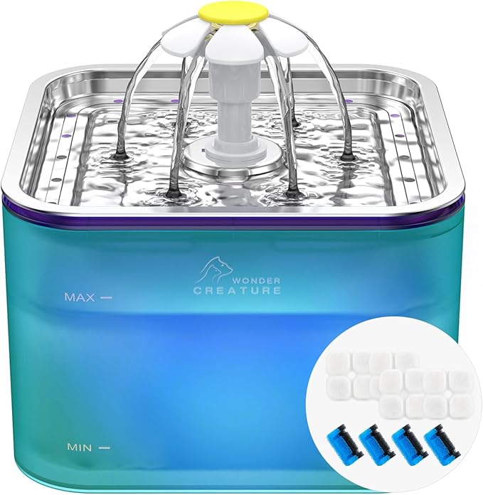 Crystal Cat Water Fountain Stainless Steel with 4 Filters and 4 Sponges, 101oz/3L Pet Fountain with LED Light for Cats and Dogs (Green)