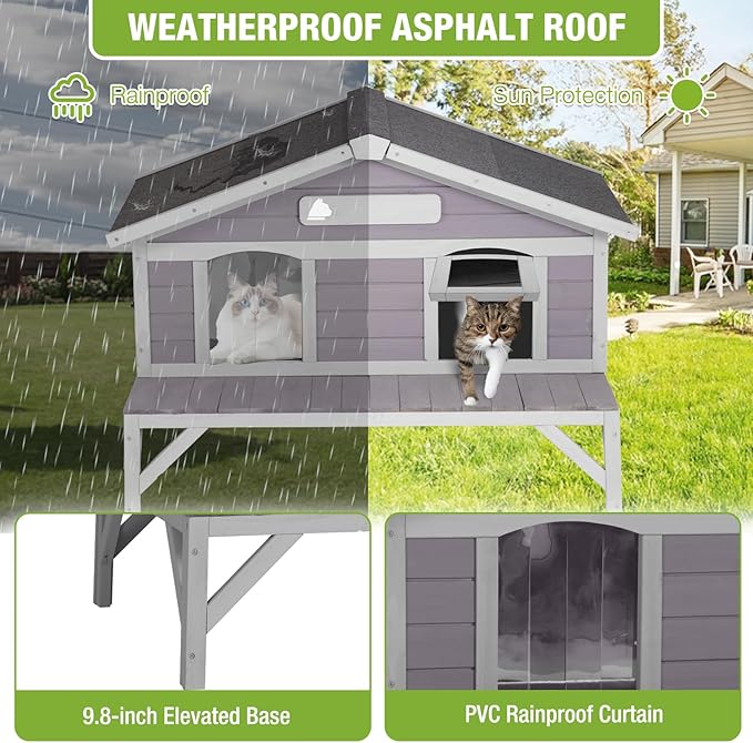 GUTINNEEN Outdoor Cat House, Wooden Feral Cat Shelter with Large Balcony. Weatherproof Cat House for Stray Cats Outside with Escape Doors, Indoor Kitten Condo