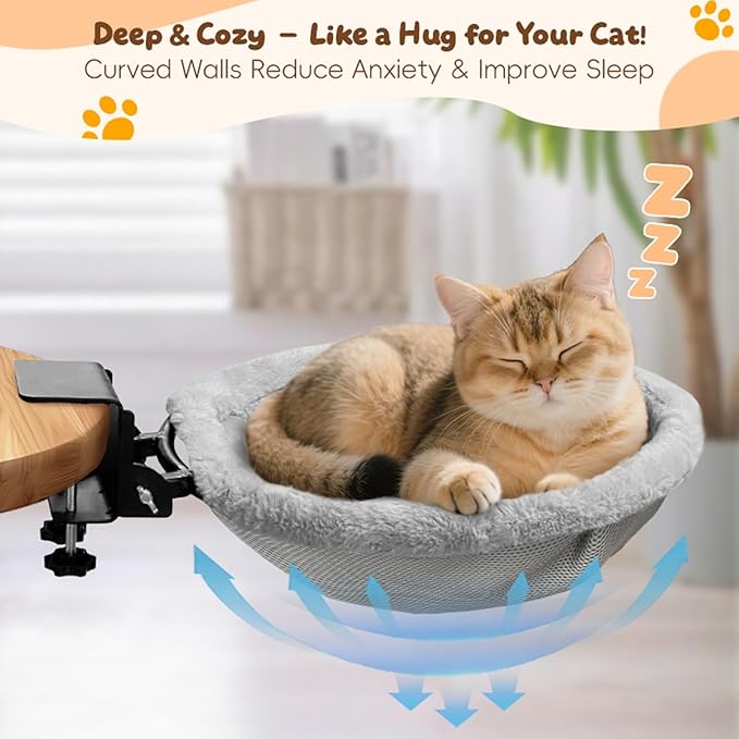 L&W BROS.Cat Desk Bed – Supports Up to 50 lbs, Removable Machine-Washable Plush Cover, Comfortable Cat Perch for Indoor, Space-Saving Foldable Design for Home Office, Gaming Desks