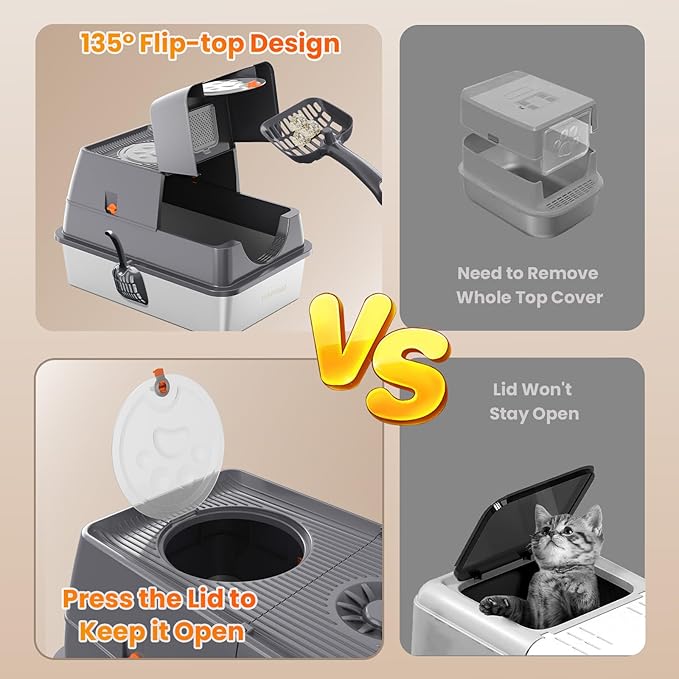 Stainless Steel Litter Box with Lid, 135° Flip-Top Extra Large Cat Litter Pan, Enclosed Metal Litter Box with Litter Scoop & Filter Pedal, Odor Free, Front & Top Dual Entry