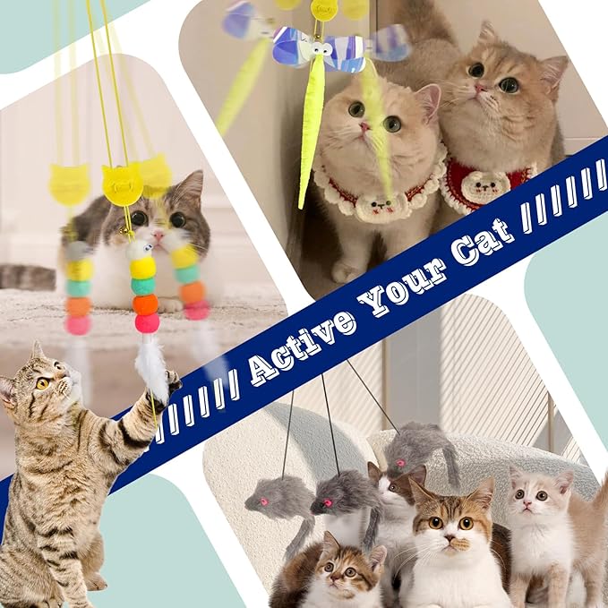 AccEncy 3 Pack Interactive Feather Toys - Doorway Hanging Cat Toys with Retractable Teaser for Indoor Cats (Mixed)