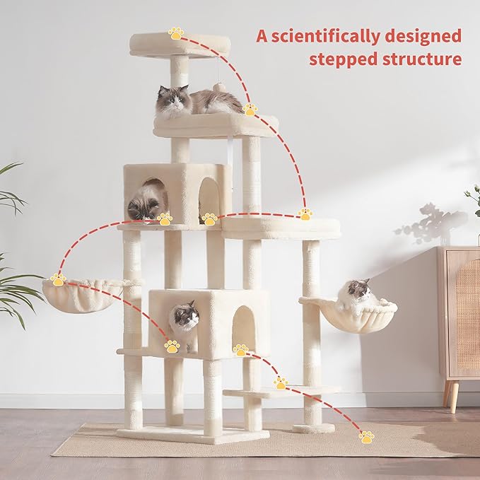 Hey-brother Cat Tree Tower, Scratching Posts with a Extended Part, Wide Platforms, Cozy Condos, Hammocks, Sisal Columns and Ball for Indoor Cats, 70.1 Inches, Beige MPJ038M