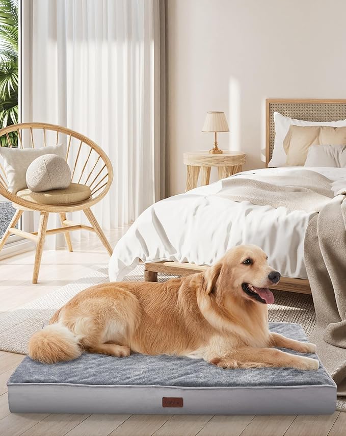 OhGeni Orthopedic Waterproof & Machine Washable Dog Bed for Large Pets, Suitable for Crates, 25D Egg Crate Foam, Non-Slip Bottom & Removable Cover, Flannel Fabric, 41 Inches(Gray)