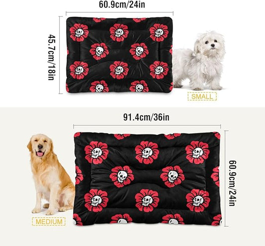 Pet Bed Gothic Skulls Flowers Dog Bed Mat Absorbing Non Slip Pad Pet Sleeping Mat for Small, Medium, and Large Dogs Puppy Cat 36 in x 24 in