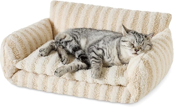Hollypet Cat Bed Fluffy Plush Mutifuctional Double-Layer Soft Pet Couch Orthopedic Sofa Nest Beds for Small Cats and Dogs, Beige (21x15x8 inch)