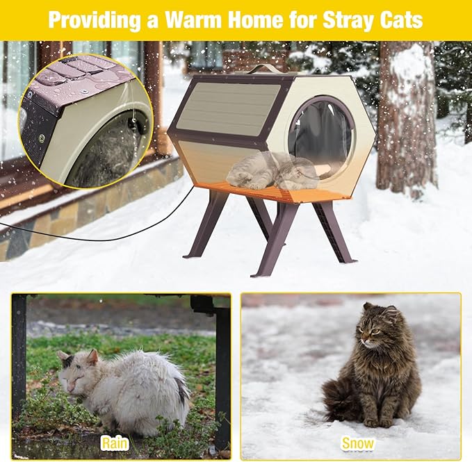 Heated Cat House for Outdoor Winter,Combined Cat Condo with Adjustable Temperature and Time, Insulated Outdoor or Indoor Cat Shelter for Feral with Escape Door (White and Brown, 1 Set)
