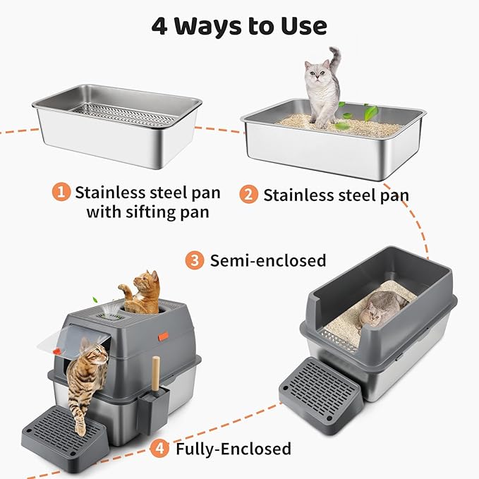 Stainless Steel Litter Box with Sifting Pan, XXL 23.6"L x 15.7"W x 17.7”H Enclosed High Sided Removable Metal Cat Litter Box withLid, Scoop, Anti-Leakage, Non-Sticky, Easy Cleaning (Dark Grey)