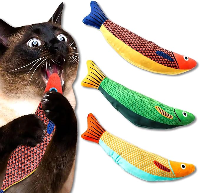 Fish-Shaped Cat Toys โ Soft Plush Chew Toys for Indoor Cats, Durable Kicker Toys for Interactive Play, Promotes Exercise and Mental Stimulation โ 3 Pack