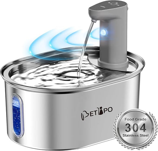 Wireless Cat Water Fountain Stainless Steel, 108oz/3.2L Cat Fountain Battery Operated, Automatic Cordless Water Fountains for Cats Indoor with Auto Shut Off Pump, Pet Water Dispenser for Cats Dogs