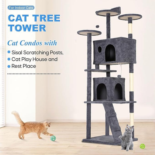 FDW Cat Tree Tower 81in Multi-Level Durable Cat Scratching Post & Cozy Fun Jumping Platform Space Saving Condo Pet Play House for Indoor Cats,Dark Gray