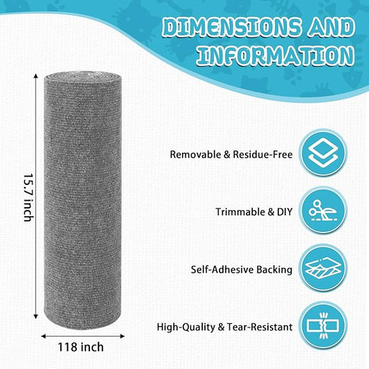Climbing Cat Scratcher Mat Trimmable Cat Scratching Post Carpet 118’’x15.8’’ Self Adhesive Carpet Mat Pad Replacement for Cat Tree Shelves Post Couch Wall Furniture Steps DIY Protector (Light Gray)