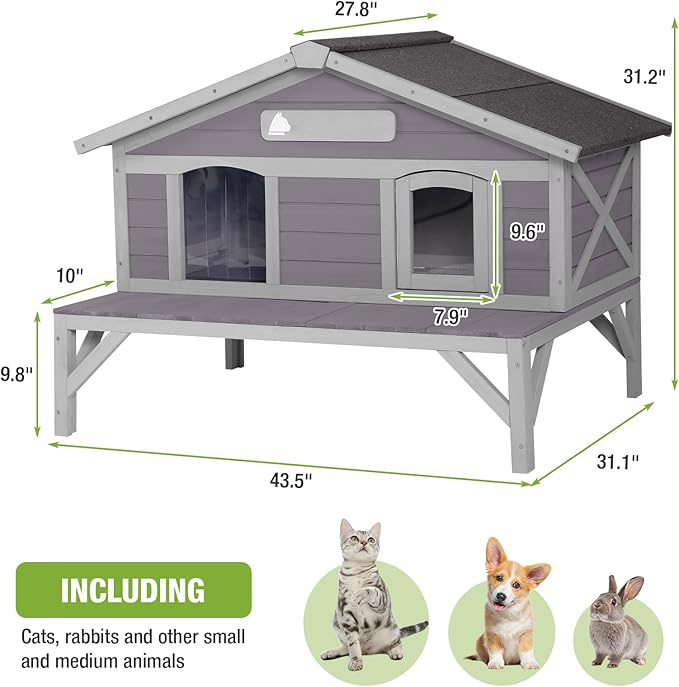 GUTINNEEN Outdoor Cat House, Wooden Feral Cat Shelter with Large Balcony. Weatherproof Cat House for Stray Cats Outside with Escape Doors, Indoor Kitten Condo