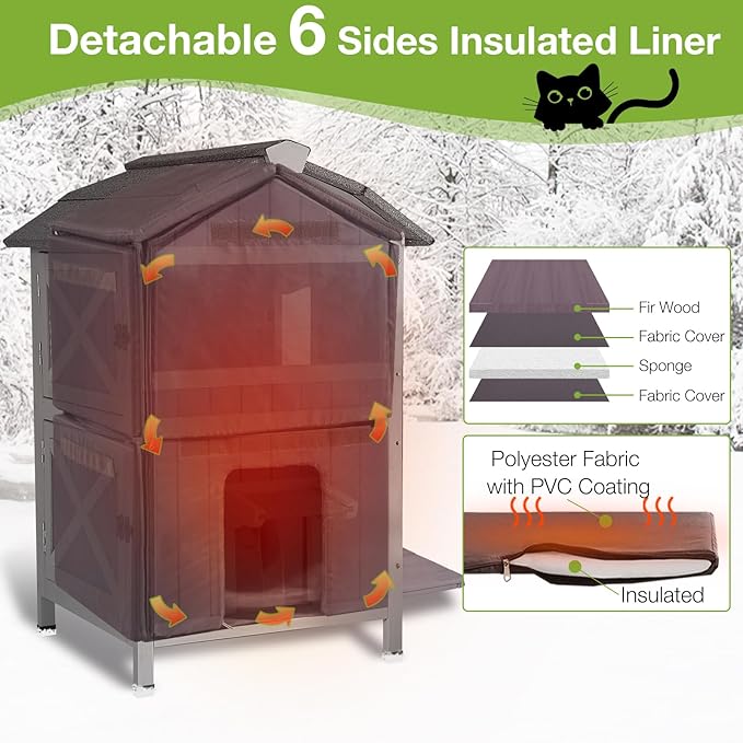 Insulated Outdoor Cat House with Escape Door 2-Story Weatherproof Kitty Shelter with Insulated Liner Large Feral Cat Shelter with Window