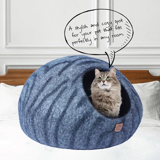 Large Wool Cat Cave Premium Felt Bed for Cats & Kittens Pet House Natural 100% Merino Wool Handmade Indoor Hideaway Eco-Friendly Cove 19 Inch Diameter Round Handcrafted Dome (Dark Gray Tiger)