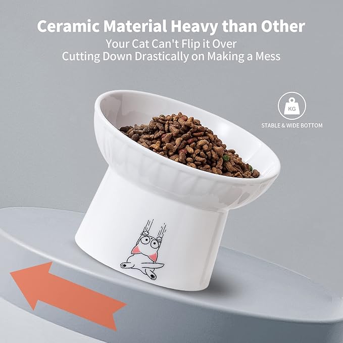 OMAYKEY 6.5 Inch Extra Wide Ceramic Raised Cat Bowls, Porcelain Tilted Elevated Cat Food Water Bowl Dish, Stress Free Pet Feeder Bowls Dishes for Elder Big Cats & Small Dogs, White & Blue