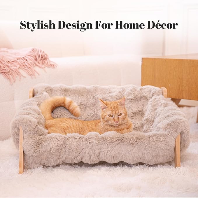 Elevated Cat Couch Bed for Indoor Cats, Wooden Cat Sofa with Removable Washable Fluffy Cover Raised Kitty Lounge Chair Suitable for Puppy(Cat Sofa Khaki)