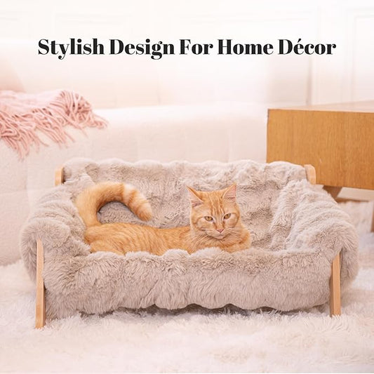 Elevated Cat Couch Bed for Indoor Cats, Wooden Cat Sofa with Removable Washable Fluffy Cover Raised Kitty Lounge Chair Suitable for Puppy(Cat Sofa Khaki)