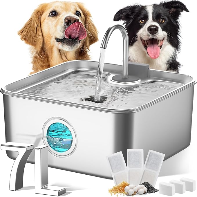 FUKUMARU Dog Water Fountain, 1.8 Gal/236oz/7L Water Tank Ultra Quiet Pump (28.5dB) & 4-Stage Filter System Stainless Steel Kitty Water Fountains for Multi-Cat/Dog Homes, with 3 Filters