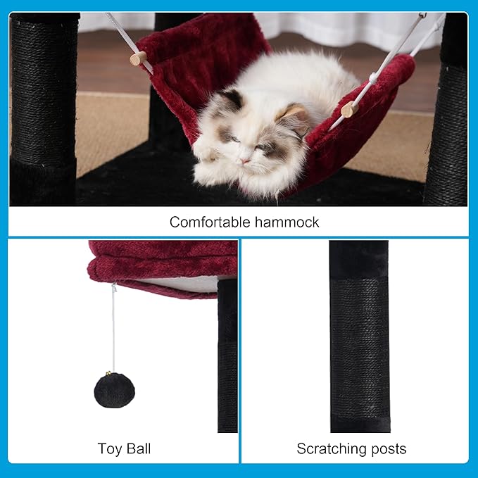 Hey-brother Gothic Large Multi-Level Cat Tree Condo Furniture with Sisal-Covered Scratching Posts, 2 Bigger Plush Condos, Perch Hammock for Kittens, Cats and Pets, Black and Red MPJ020BR