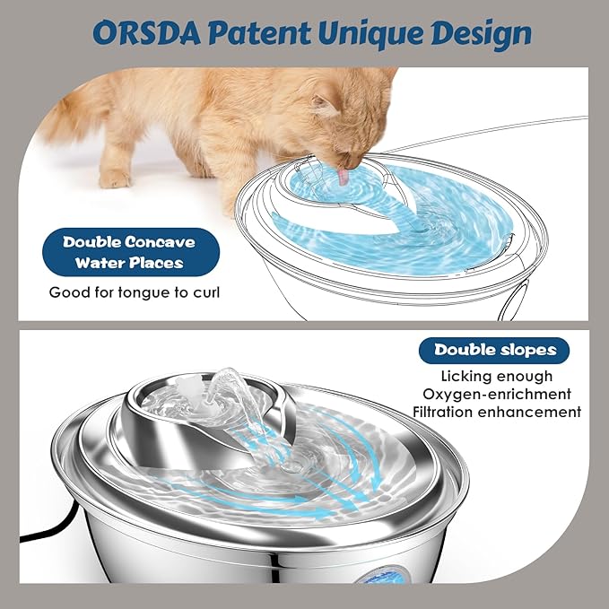 ORSDA Cat Water Fountain Stainless Steel, Automatic Pet Water Fountain, 67oz/2L Drinking Fountain Dog Water Dispenser with Water Level Window for Cats and Small Dogs- 4Pcs Filters (D36)