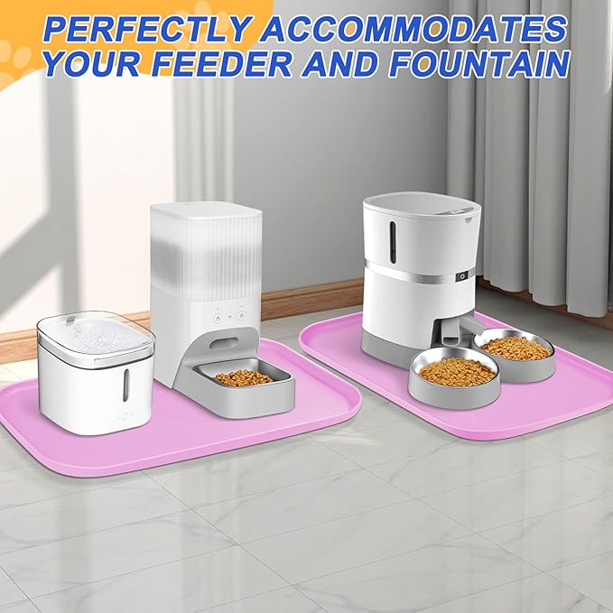 Silicone Pet Feeding Mat with Raised Edge for Food and Water, Dog Bowl Mats, Cat Bowls Placemat with High Lip for Floor Waterproof, Rubber Tray for Cats and Dogs 24 x 16 x0.8 Pink