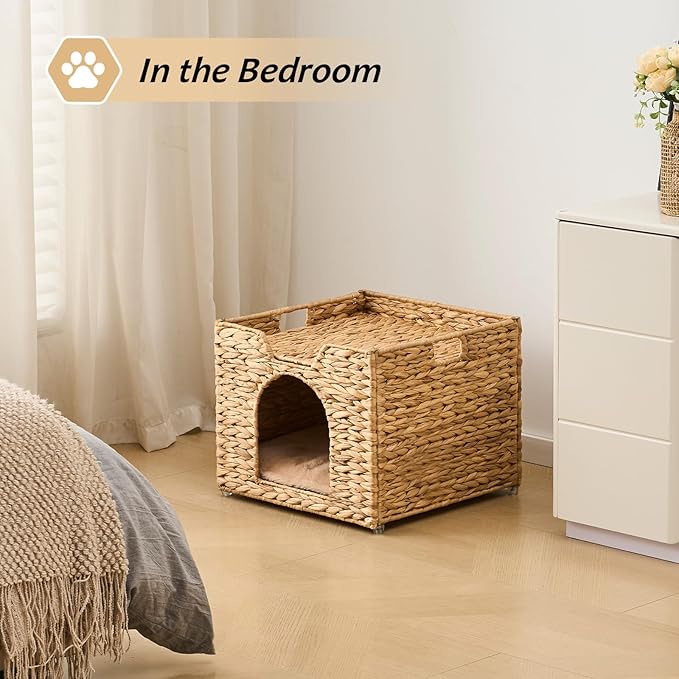 Cat Houses for Indoor Cats, Handwoven Cat Cave Pet Cube, Natural Pet Cat House, Cat Beds with Double-Sided Mat, Cat Condo Hideaway in Living Room Bedroom