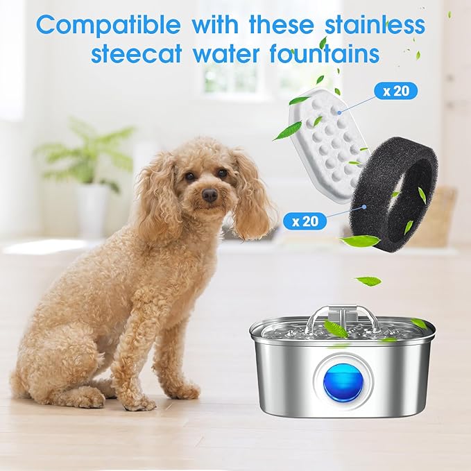 40 Pack Cat Water Fountain Filters-Cat Fountain Replacement Filters for Stainless Steel 3.2L/108oz Adjustable Water Flow Cat Fountain(20 Pack Pet Water Filter Refills+20 Pack Sponges)