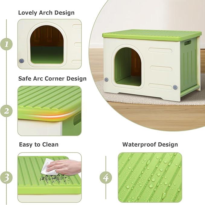 Deblue Plastic Cat House for Indoor Outdoor, Weatherproof Outdoor Cat House for Feral Cats, Unique Outside Cat Shelter for Small Pet, Easy to Assemble and Clean, Large Space - Green