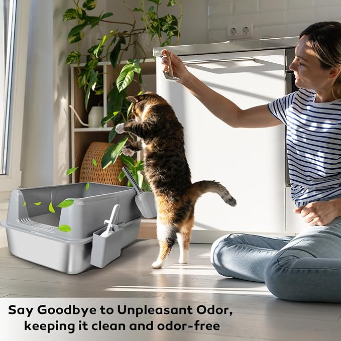 Stainless Steel Litter Box with Lid, 24" XL Extra Large High-Sided Metal Cat Litter Box for Multiple Cats,Anti-Leakage & Non-Stick, Easy to Clean, Includes 2 Scoops&Deodorizer Box, Gray